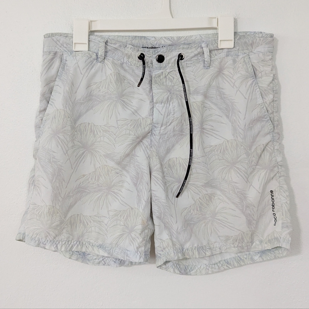 Paco Rabonne Tropical Print Swim Shorts Drawstring Waist Palm Tree Light Blue 34